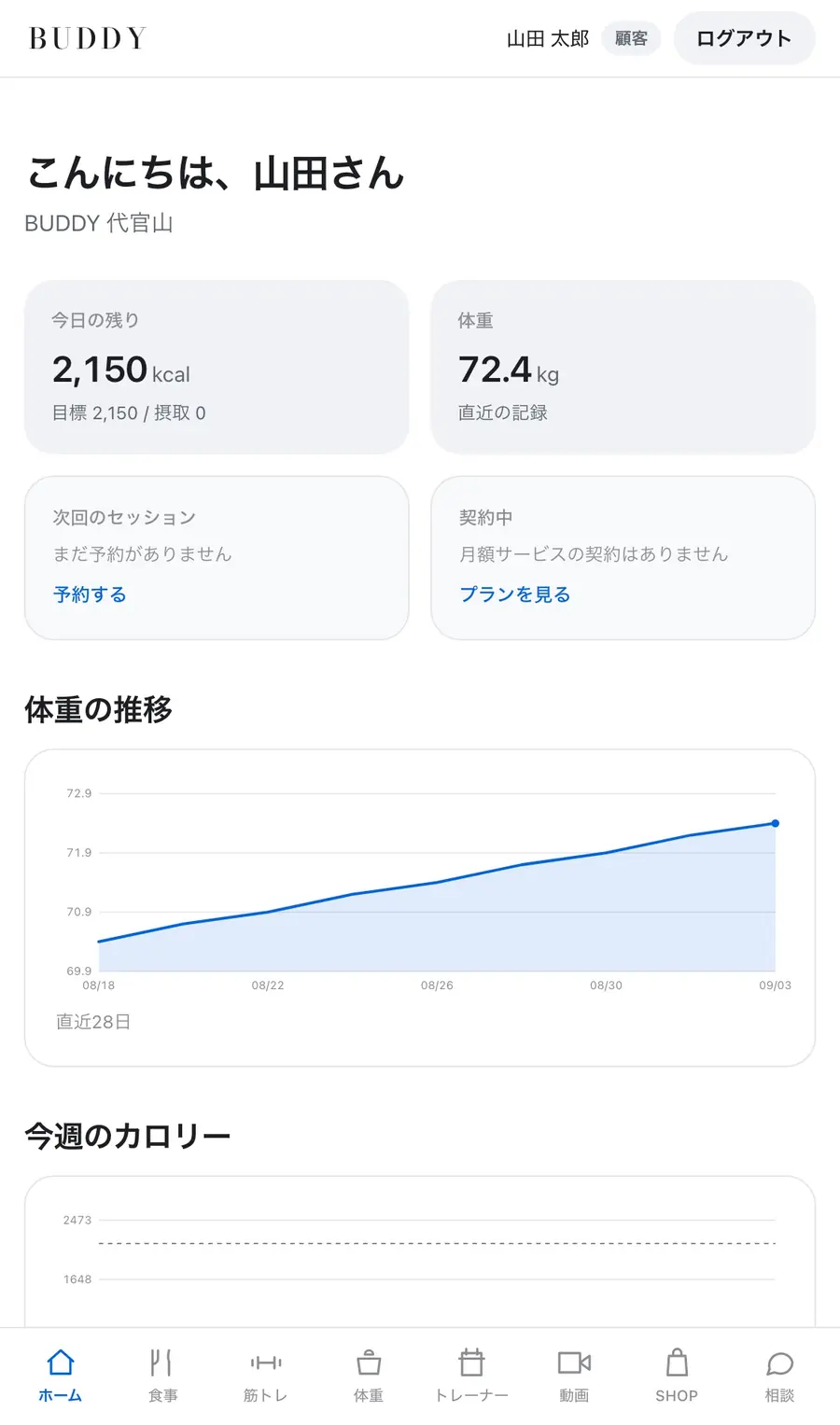 BUDDYアプリのホーム画面。今日の残りカロリー、体重、次回のセッション、体重の推移グラフが並んでいる